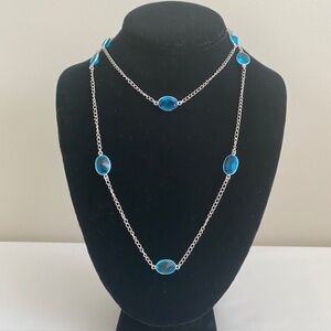 Blue Topaz Crystal Cabochon Silver Plated Chain Necklace Rosary Style Length 35"